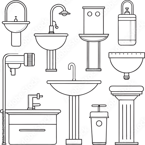 A collection of stylized bathroom interior designs, featuring various modern fixtures like tubs, sinks, and toilets, presented with clean lines and contemporary aesthetics