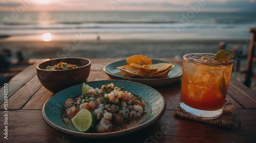 Beachside ceviche meal at sunset in Costa Rica