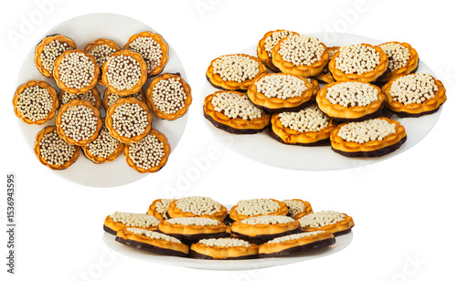 Isolated photo of chocolate cookies on plate on white background.