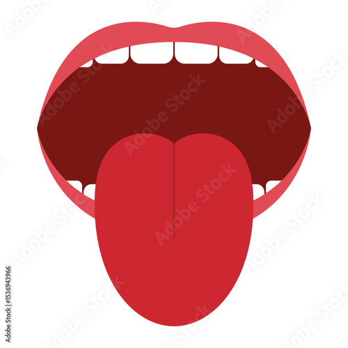 Open mouth with tongue vector illustration. Human anatomy, oral health, medical, dental, speaking, or taste concept. Isolated on white background.