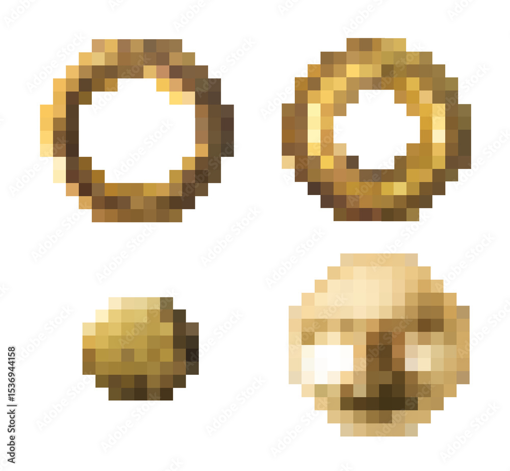 Obraz premium Isolated pixel art 8 bit illustration of copper buttons on transparent background.