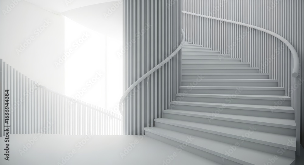 Naklejka premium Interior view of a modern, all-white spiral staircase with a cylindrical column and bright window light.