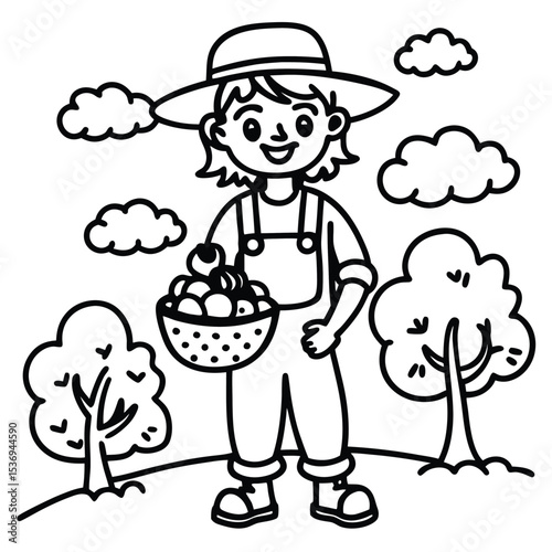 Funny cartoon vector outline drawing of a boy in a hat with a balloon and a flower, a delightful children's book character art