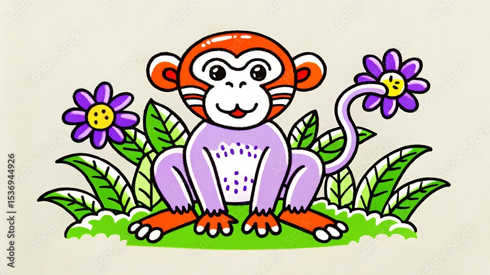 Naklejka premium Adorable Cartoon Monkey Illustration Jungle Friends, Happy Primate, Vibrant Colors