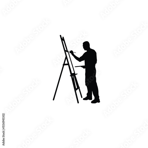 man painting on canvas with brush silhouette on white background