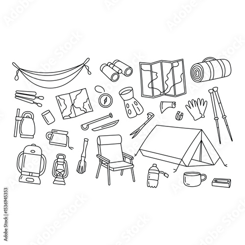 Camping equipment and accessories isolated on white background