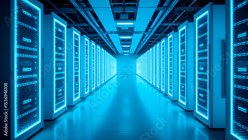 Modern Server Room - Geometric Precision & Cool Blue Light Atmosphere