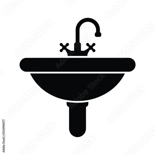 Black and white icon of a wall-mounted sink with faucet and taps