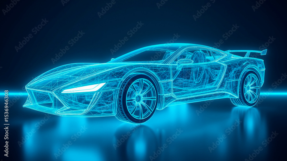 Naklejka premium Holographic Automotive Wireframe Floating Against Indigo Background, Futuristic Design