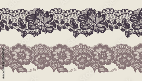 Two styles of brown-toned large floral lace trim.