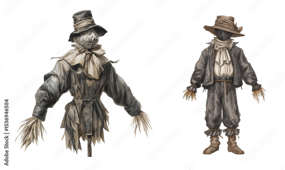Fototapeta premium Scarecrow , victorian style, watercolor clipart illustration with isolated background.