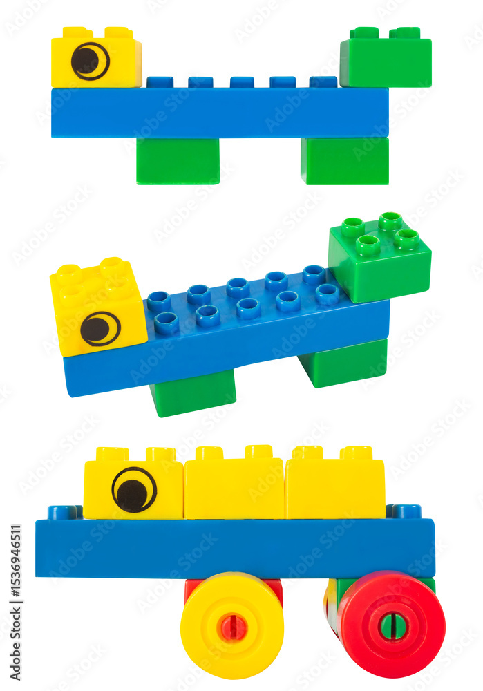 Fototapeta premium Isolated photo of construction block toy creatures on white background.