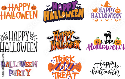 Nine Colorful Happy Halloween Designs Featuring Pumpkins Bats Ghosts Candy and Spiders vector