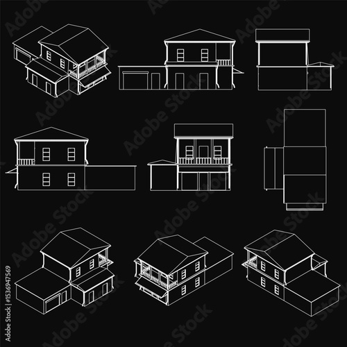 Detailed house blueprints on a black background, showcasing front elevations of different architectural styles. The set includes modern, traditional, and cottage designs with clean lines and.