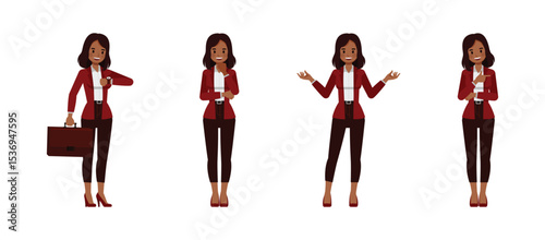 Black businesswoman wear red suit character vector illustration design set. Women thinking and holding briefcase.
