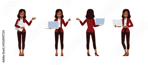 Black businesswoman wear red suit character vector illustration design set. Women using laptop and presentation.