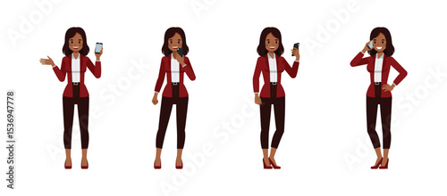Black businesswoman wear red suit character vector illustration design set. Women using talk, play and watch mobile phone.