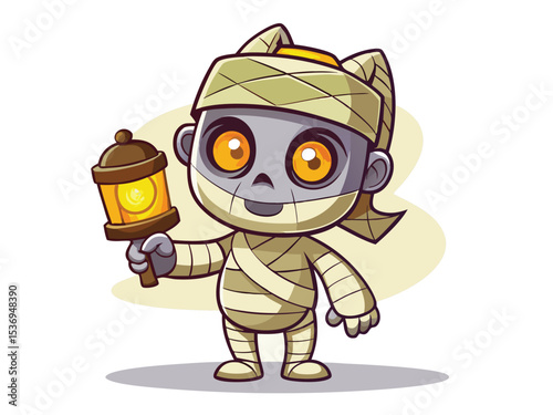 A cheerful, cartoon mummy character holds a warm-toned lantern.