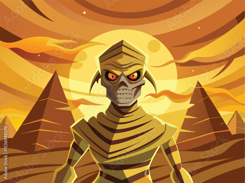 A stylized illustration of a mummy, prominent in the foreground, with a menacing expression and glowing red eyes, stands before two ancient pyramids.