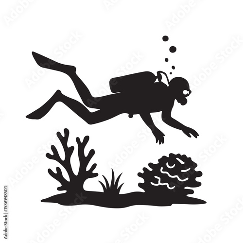 Scuba Diver Exploring Coral Reef Silhouette in Underwater Ocean Scene