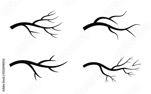 Set of four stylized black silhouette tree branches with bare twigs