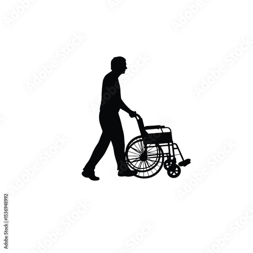 man pushing wheelchair silhouette on white background