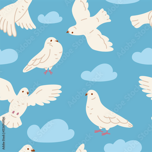 White doves seamless pattern. Cute city pigeons and clouds, repeated urban doodle birds, peace, love, faith symbol. Textile, wrapping paper, wallpaper. Print for fabric garish vector background