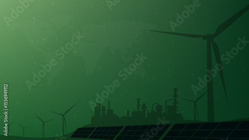 Green energy wind turbine solar panel factory world map background, sustainable industry concept