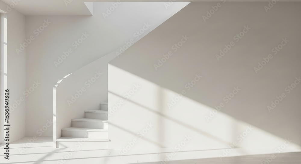 Obraz premium Empty white interior with stairs and sunlight casting shadows.