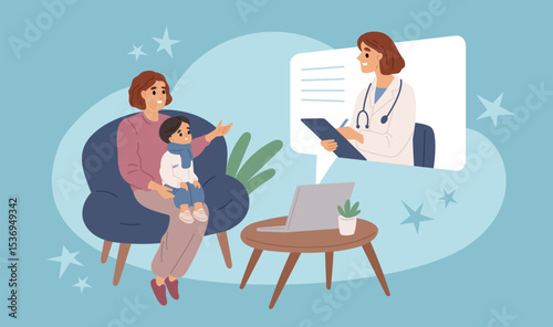 Pediatric online consultation. Baby remote examination, son sitting on mother lap, internet doctor, health care app, medical consultation, garish vector cartoon flat isolated concept