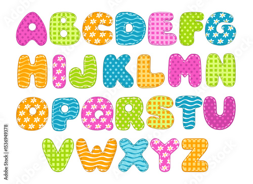 Patchwork font. Scrappy textile letters, kids chubby alphabet, bright colors, patterned fabric elements, stitched with threads, flowers, dots and stripes ornament splendid vector isolated set