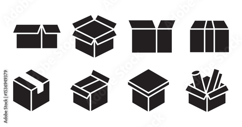 Box line icons. Empty open shipping box or unboxing line art. Carton boxes icon set. Stock vector. Vector illustration.
