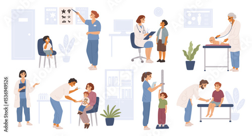 Medical kids examination. Children and babies admission to pediatric, ophthalmologist, otolaryngologist, psychotherapist, child healthcare. Garish vector cartoon flat isolated set