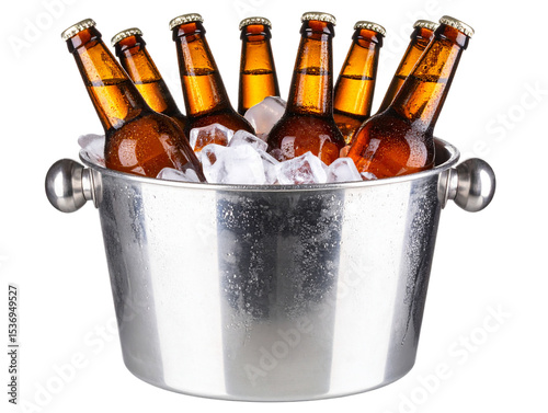 Glass Beer Bottles in Metal Ice Bucket, Transparent Background 