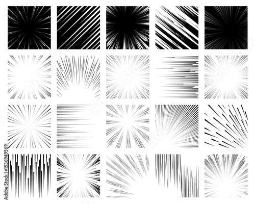 Manga frames. Comic book graphic effects collection, speed lines and dynamic strokes, black and white background, anime fast movement, radial motion rays, qualitative vector set