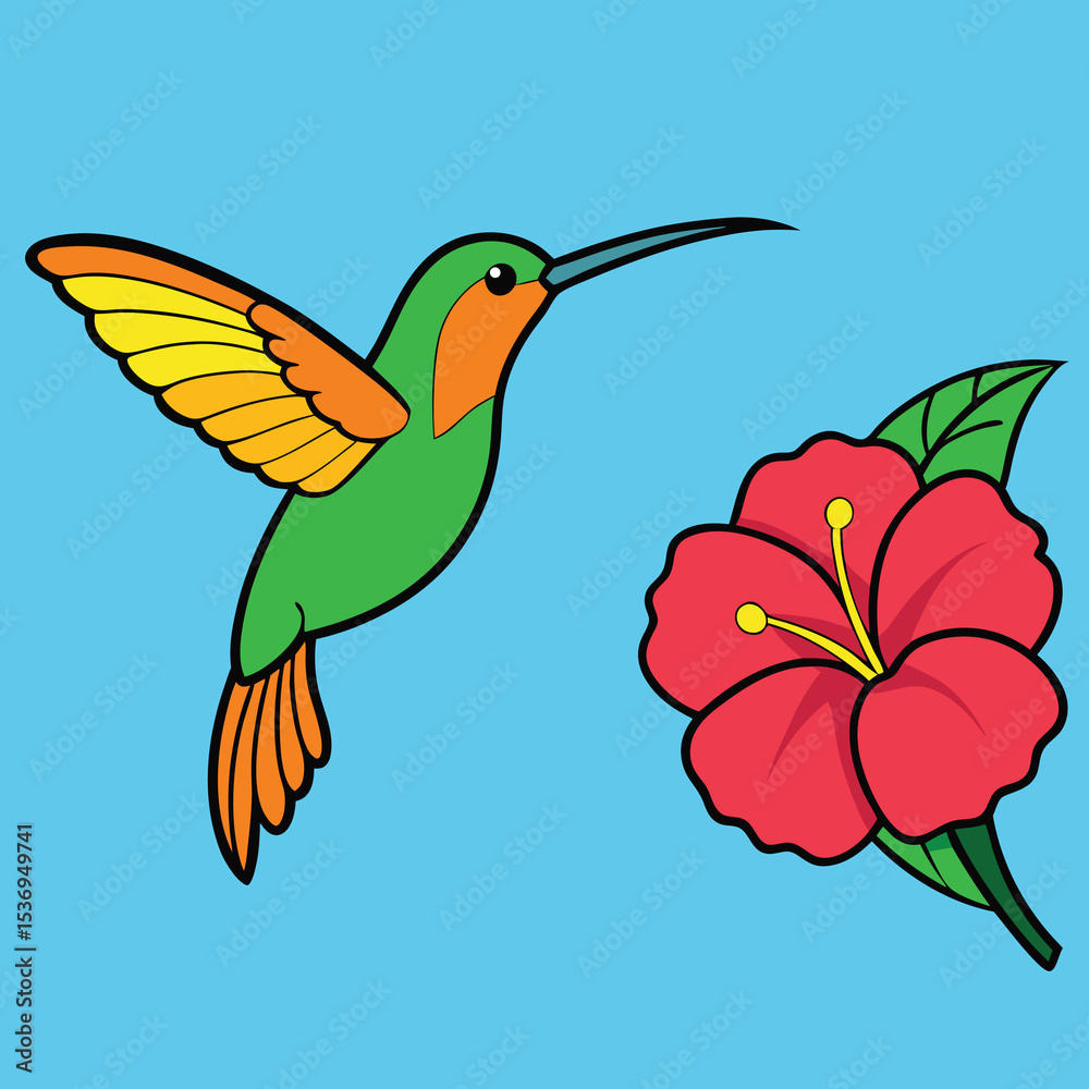 Obraz premium : A Vibrant Hummingbird Hovering Near a Hibiscus Flower in a Tropical Garden - Vector Illustration for Nature and Wildlife Themes 