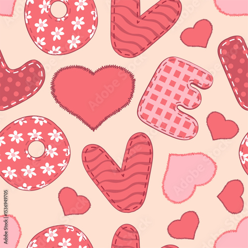 Love letters seamless pattern. Pink hearts shapes, stitched patches, textile isolated letters, daisies, cell and waves. Wrapping paper, wallpaper. Print for fabric. Splendid vector background