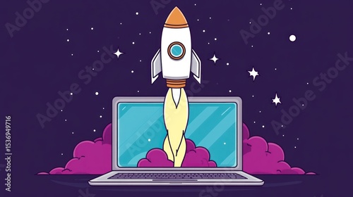 Rocket launching from laptop, starry night