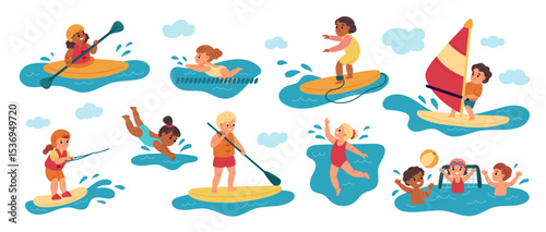 Kids water sports. Funny child athletes, rowing and swimming, windsurfing, diving, playing water polo, cute boys, girls in swimwear, vacation on sea, cartoon isolated garish vector set