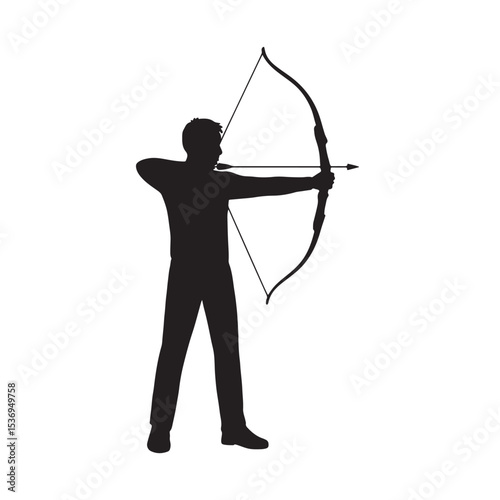 Silhouette of Archer Aiming Bow and Arrow with Focused Stance