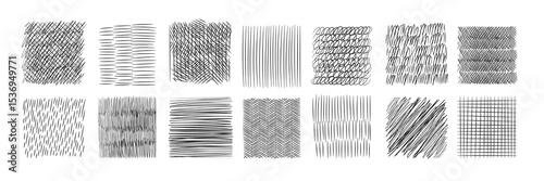 Hand drawn crosshatch. Simple artistic pencil lines, stripe hatch, circular, cell, different angles, black pen strokes. Square shapes with ornaments, black rough textures, garish vector set