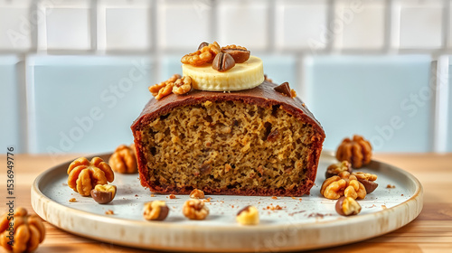 A warm banana bread with walnuts and chocolate chi 29  baking, baking cup, cake, color, cuisine, cupcake, dessert, food, furniture, high-key, on1 keyword ai, paper, table, wall, white, giga