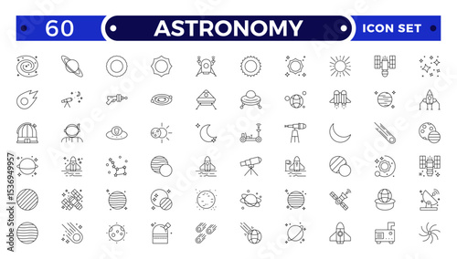 Astronomy icon of science observatory, satellite and rocket .space and planet outline Icons, thin line style. Contains such Icons as space, planet, alien, solar, technology, space travels, stars.