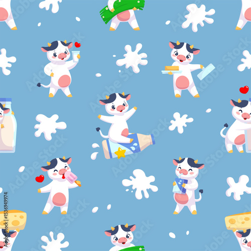 Cute cow seamless pattern. Cartoon funny farm animals with dairy products, repeated white milk blots, little calf. Textile, wrapping paper, wallpaper. Print for fabric, classy vector background