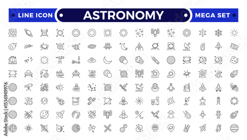 Astronomy icon of science observatory, satellite and rocket .space and planet outline Icons, thin line style. Contains such Icons as space, planet, alien, solar, technology, space travels, stars.