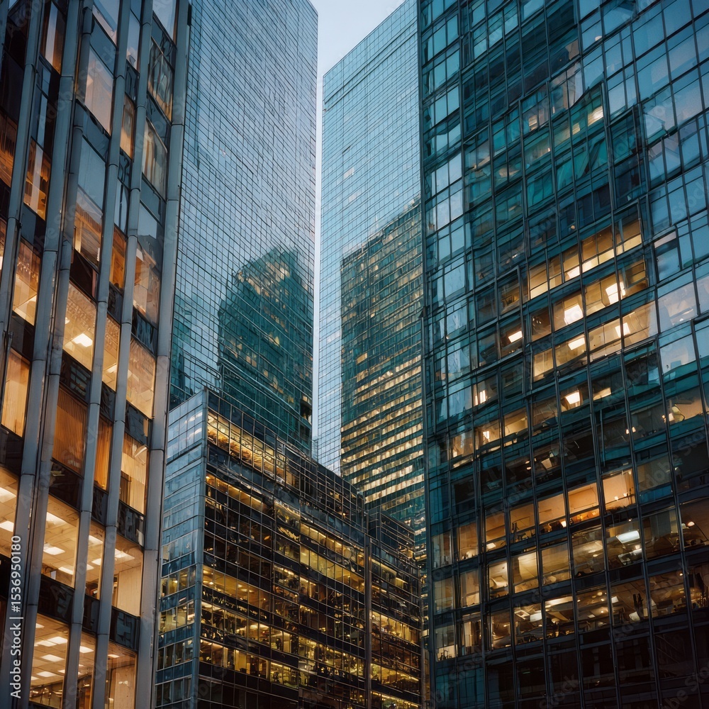 Obraz premium Modern Cityscape Architecture Night Urban Buildings Glass Skyscrapers Office Towers Business District Evening City Lights Reflection Golden Hour Twilight Urban Landscape view image scene design window