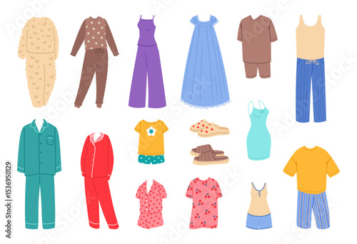 Cartoon sleepwear. Male and female nightwear, cozy home clothes for sleeping, warm pajamas, lightweight nightgowns, kids t-shirt and shirts, underwear and silk dress classy vector isolated set