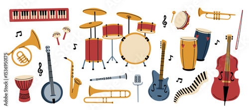 Cartoon musical instruments. Electric and acoustic tools, drums, guitars, wind, strings and percussion, melody creation elements. Classical and jazz music. Garish vector isolated set