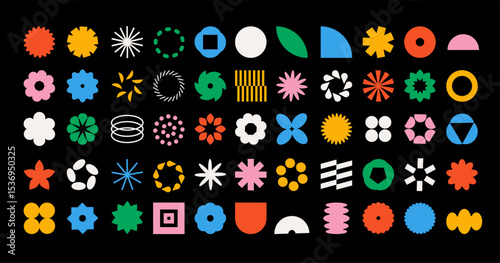 Brutal color shapes. Modern geometric forms, minimalist simple design, abstract primitive bright figures, bauhaus style, star flower and circle, isolated graphic elements, garish vector set