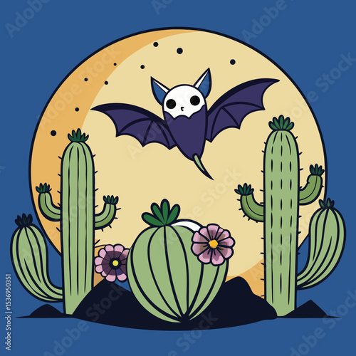 Bat Pollinating Cactus Flowers Under Moonlight – Nocturnal Nature Vector